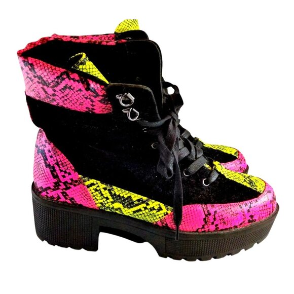 Vivianly Women's Pink & Yellow Snake Print Platform Boots W/Black Velvet Accents - Picture 5 of 11